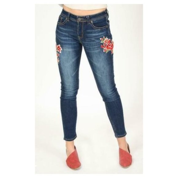 Grace in LA Denim - Grace in LA Jeans Women's Red Floral Embroidery Skinny Fit Stretch Jeans